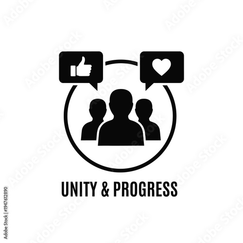 A black silhouette depicts three people connected to speech bubbles showcasing likes and a heart symbolizing social interaction high quality professional detailed modern elegant