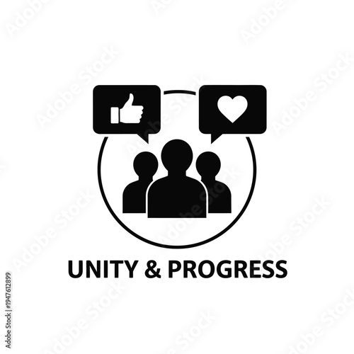 A black silhouette depicts a group of people connected by speech bubbles showing a thumbs up and a heart icon high quality professional detailed