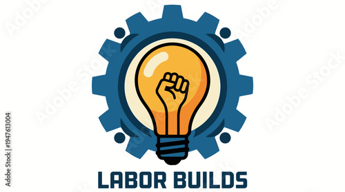 A logo featuring a lightbulb and gear with a raised fist