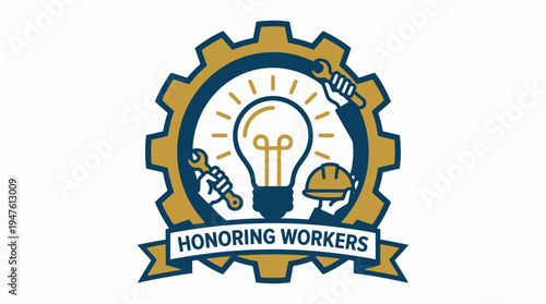 A logo honoring workers with a lightbulb and tools