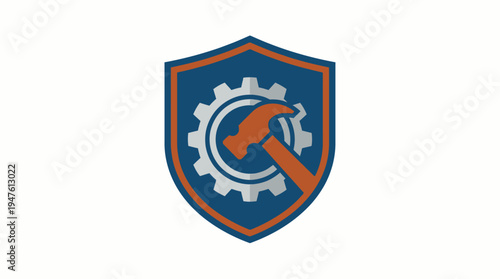 A blue and orange shield logo with a gear and hammer