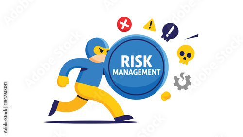 Character with 'Risk Management' shield protecting against threats like errors, warnings, and dangers. Business safety concept.