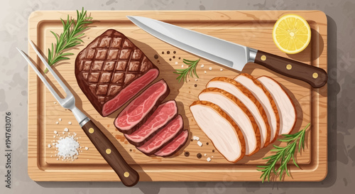 Sliced meats and knife on wooden cutting board with herbs