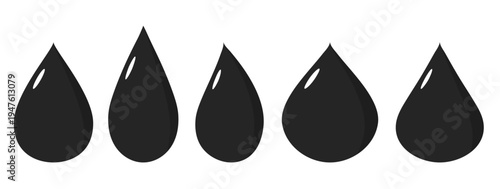Set of black oil drops in different shapes representing petroleum or liquid fuel concept