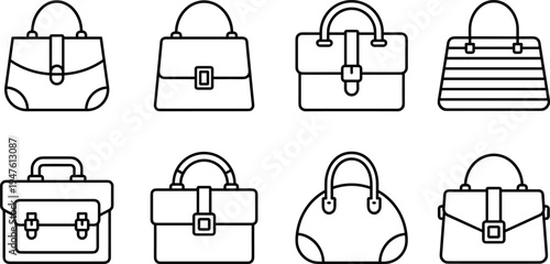 Handbag icon set with elegant purse and fashion bag outline collection, minimal line art vector accessories for women style, shopping, boutique branding design