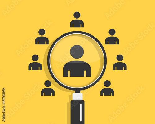 Magnifying glass selecting one person from group of candidates for recruitment on yellow background