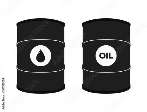 Two black oil barrels with droplet and oil text