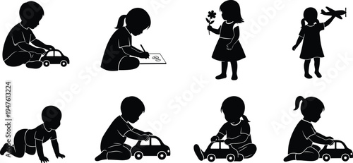 Collection of black silhouettes of children engaged in various activities like playing and drawing kids