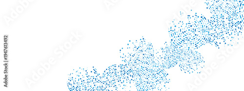 Abstract blue background frame with geometric shapes. Circular design featuring dots, particles, molecules, fragments, dotted line. Ideal for technology, medicine, business presentations. Vector 