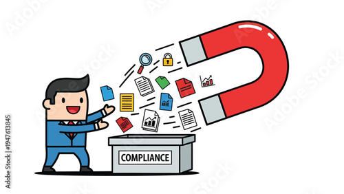 Businessman using magnet to collect digital documents and data for compliance, illustrating regulatory management and information gathering.