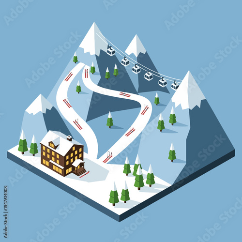 Isometric illustration of a snowy mountain landscape with a ski resort, cable cars, and trees.