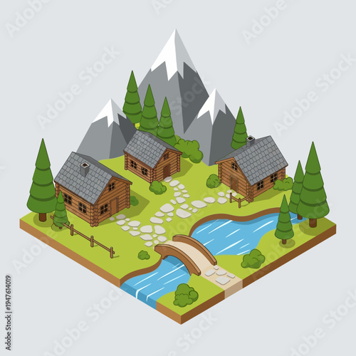 Isometric illustration of a mountain landscape with cabins, a river, and trees.