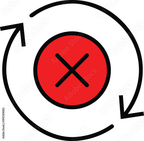 Red cross mark, circular rotation arrows, system error icons, and reset process symbols. Flat and modern cancel design.