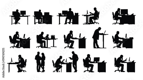 Collection of office workers in various work and communication poses