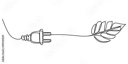 Electric plug connected to a leaf in one line art style. Symbol of green energy with editable black stroke. Vector illustration.