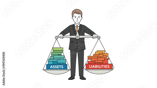 Financial balance concept: Businessman weighing assets vs liabilities on a scale. Business accounting and financial management illustration.