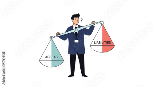 Assets vs Liabilities: Stressed businessman struggling with financial imbalance on a scale illustration