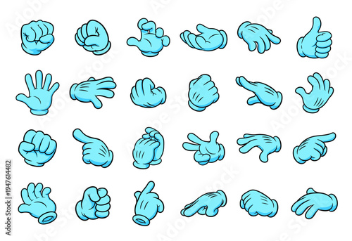 Cartoon mascot glove hands collection showing various hand gestures and poses. Cute blue cartoon hands in different gestures such as pointing, thumbs up, waving, fist, open palm.
