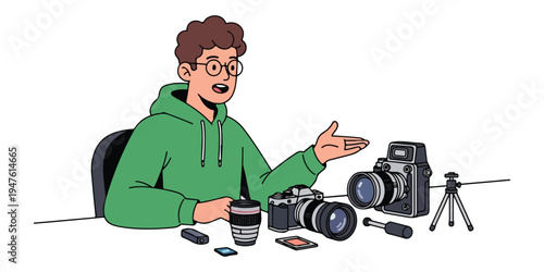 Illustrator depicting a person with camera equipment for photography