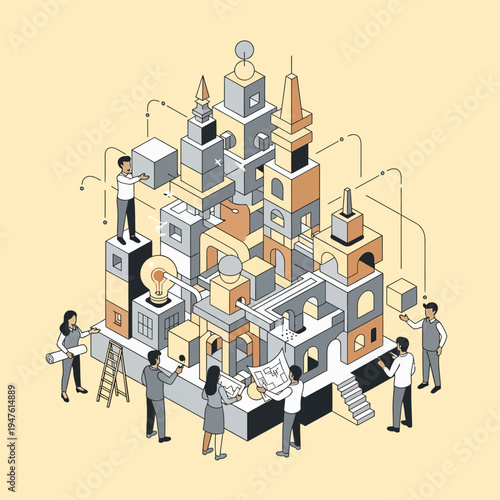 Isometric illustration of a collaborative team constructing a complex architectural structure with blocks.