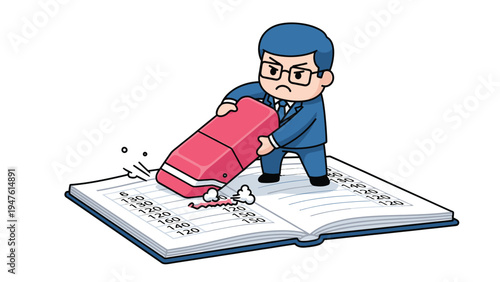 Determined businessman erasing entries from a book, signifying correction or data removal