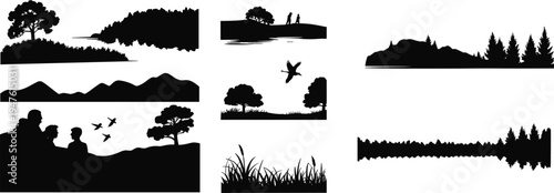 Nature landscape silhouette set with trees, hills, grass and people scenes, black outdoor vector elements for countryside scenery, travel design and wilderness illustration