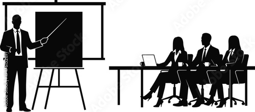 Silhouette of a businessman giving a presentation to professional colleagues in a boardroom using a flipchart and whiteboard during a meeting.