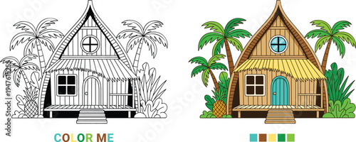Kids coloring page featuring a tropical beach hut with palm trees and pineapple, black and white outline alongside bright colorful example with palette, educational vector graphic.