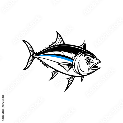 Stylized illustration of a tuna fish with a blue stripe, depicted in profile on a white background.