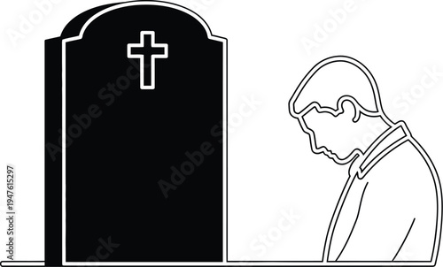 Man praying at tombstone grave Vector