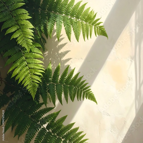 A serene scene of lush green fern leaves against a beige wall