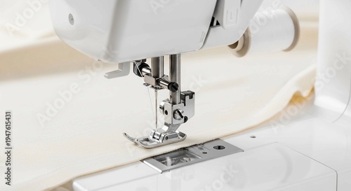 a sewing machine needle stitching beige cloth,Close-up of a modern white sewing machine stitching a straight seam on cream-colored fabric with a focus on the needle and presser foot.