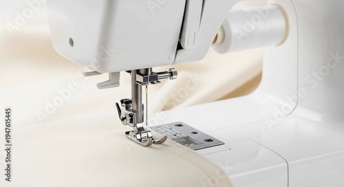a sewing machine needle stitching beige cloth,Close-up of a modern white sewing machine stitching a straight seam on cream-colored fabric with a focus on the needle and presser foot.