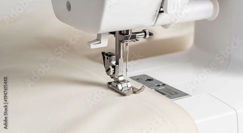 a sewing machine needle stitching beige cloth,Close-up of a modern white sewing machine stitching a straight seam on cream-colored fabric with a focus on the needle and presser foot.