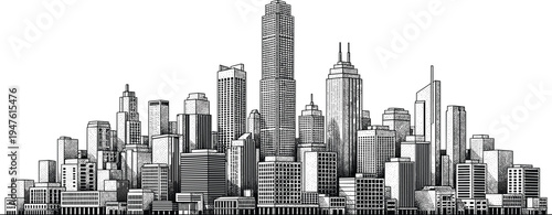 Detailed black and white illustration of a dense city skyline with many skyscrapers Keywords: city, skyline, skyscrapers