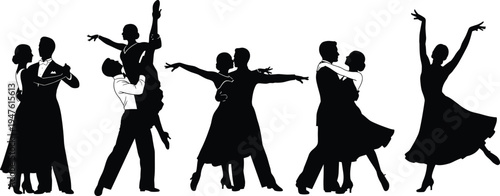 Silhouette of ballroom dance couples performing various poses and classical dancing movements set, elegant black vector illustration isolated on white background.