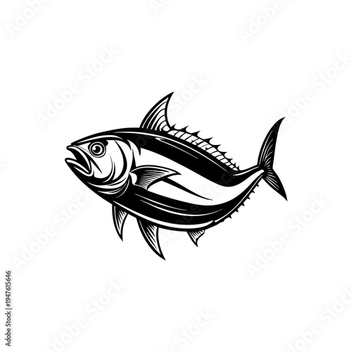 A black and white illustration of a powerful tuna fish, depicted in profile with its mouth open and fins spread, showcasing its strong aquatic form.