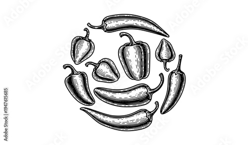 Vintage botanical chili peppers engraving habanero jalapeno bell pepper woodcut vector