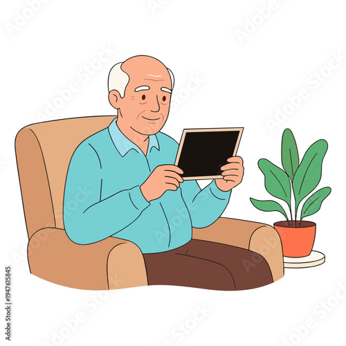 An elderly man sits in a chair reading a tablet next to a plant.