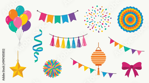 A vibrant collection of festive party decorations including balloons, banners, confetti, lanterns, and bows, perfect for celebrations.