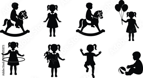 Silhouette of children set playing with rocking horse balloons hula hoop doll and ball, happy childhood kids vector on white background.