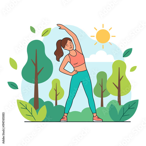 Woman stretches arm up while exercising outdoors in the park on a sunny day with trees around her.