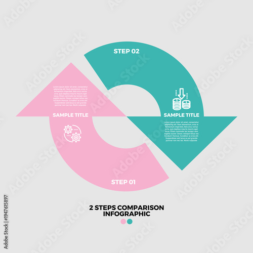Venn diagram infographic 2 step circular arrow comparison, for presentation templates, web, posters. Vector editable eps