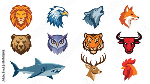 Collection of stylized animal head illustrations, including a lion, eagle, wolf, fox, bear, owl, tiger, bull, shark, deer, and rooster.