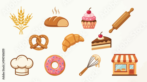 A delightful collection of baked goods and baking tools, perfect for a bakery or culinary theme.