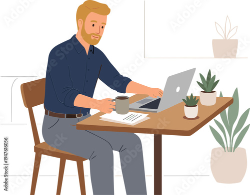 A man works on laptop at a wooden table with plants nearby
