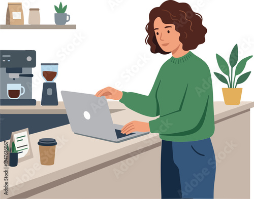 Woman working on laptop at coffee shop counter with coffee maker and plant
