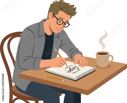 Man sitting at a table writing in a notebook with a cup of coffee