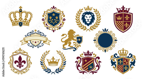Collection of Royal Emblems Featuring Crowns, Shields, Lions, and Fleur-de-lis Designs.