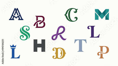A collection of stylized, decorative, and artistic monograms and letters, showcasing diverse fonts and colors.